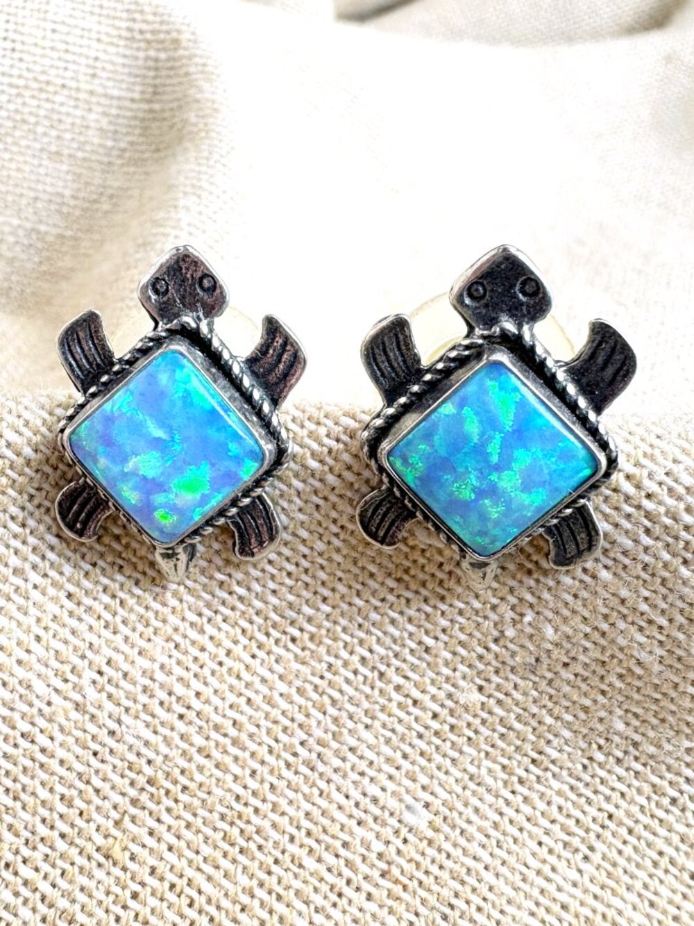 Turtle stud post pierced earrings - sterling and lab-created blue fire opal